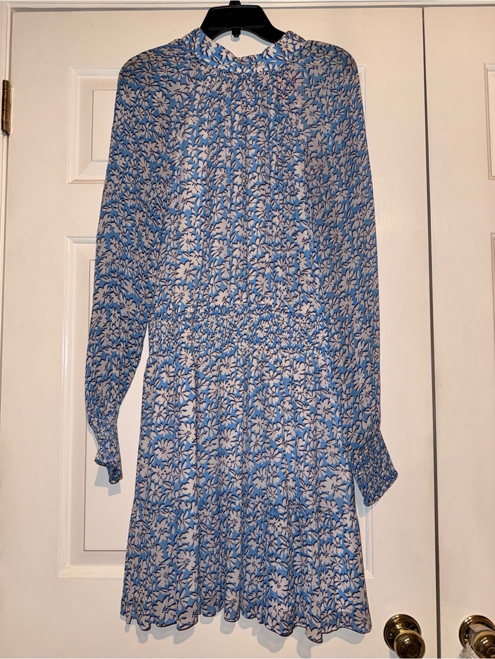 Blue and White Floral Long-Sleeve Smocked Waist Dress - Picture 4 of 6